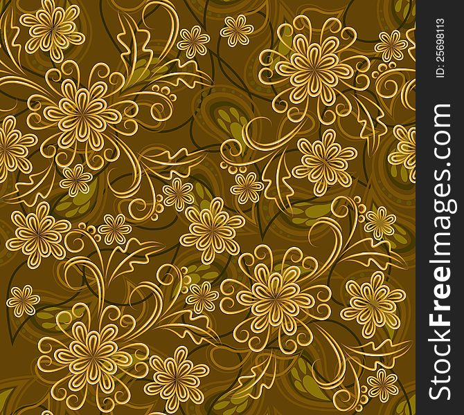 Seamless background with gold flowers and paisley elements. Seamless background with gold flowers and paisley elements