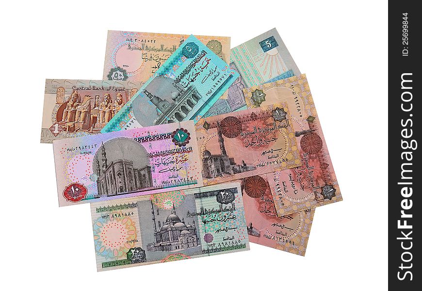 The photo of nine various Egyptian banknotes on a white background. The photo of nine various Egyptian banknotes on a white background.