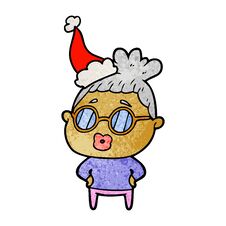 Textured Cartoon Of A Librarian Woman Wearing Spectacles Wearing Santa Hat Stock Photo