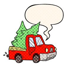 Cartoon Pickup Truck Carrying Christmas Trees And Speech Bubble In Comic Book Style Stock Photo