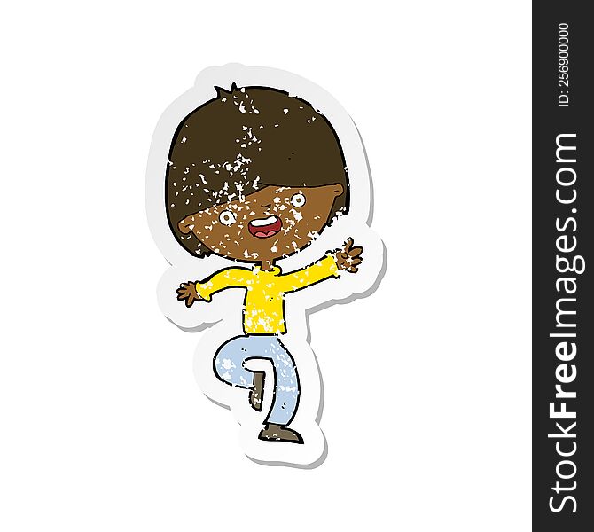 Retro Distressed Sticker Of A Cartoon Happy Boy Dancing