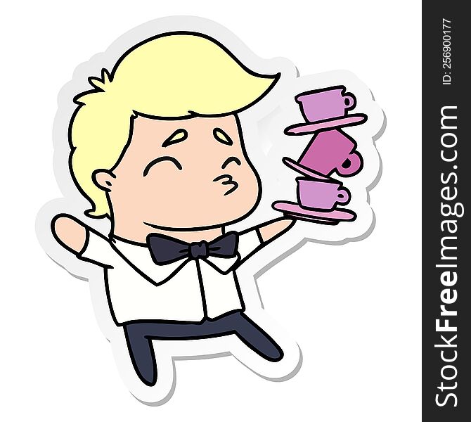 sticker cartoon illustration of a kawaii cute waiter. sticker cartoon illustration of a kawaii cute waiter