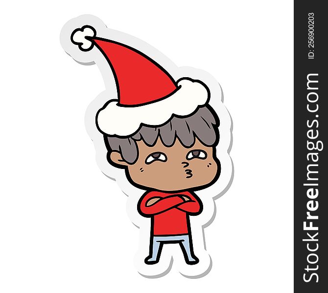 Sticker Cartoon Of A Curious Man Wearing Santa Hat