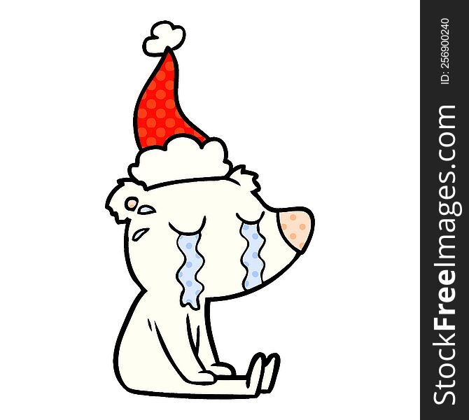 Comic Book Style Illustration Of A Crying Sitting Polar Bear Wearing Santa Hat