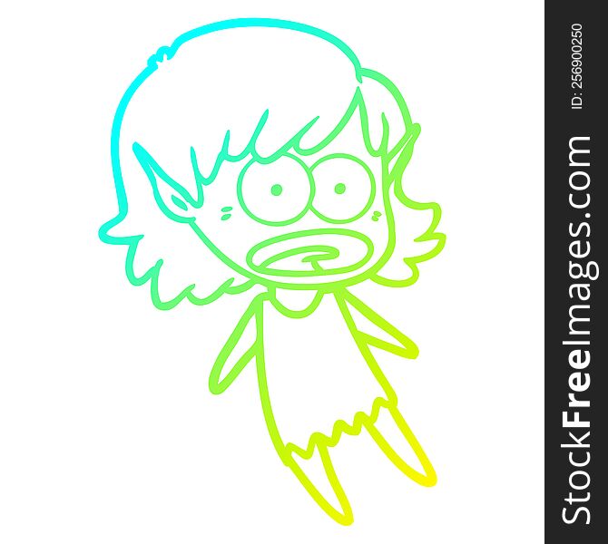 Cold Gradient Line Drawing Cartoon Shocked Elf Girl Flying