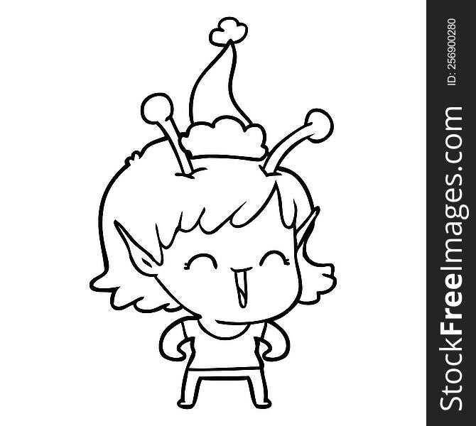 hand drawn line drawing of a alien girl laughing wearing santa hat