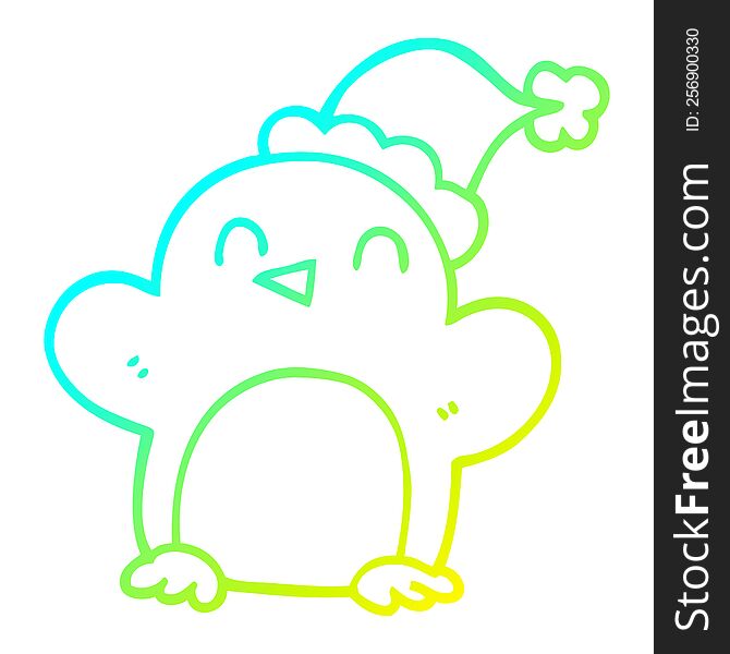 cold gradient line drawing of a cartoon penguin wearing christmas hat