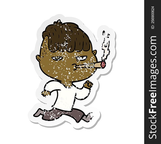 distressed sticker of a cartoon man smoking whilst running