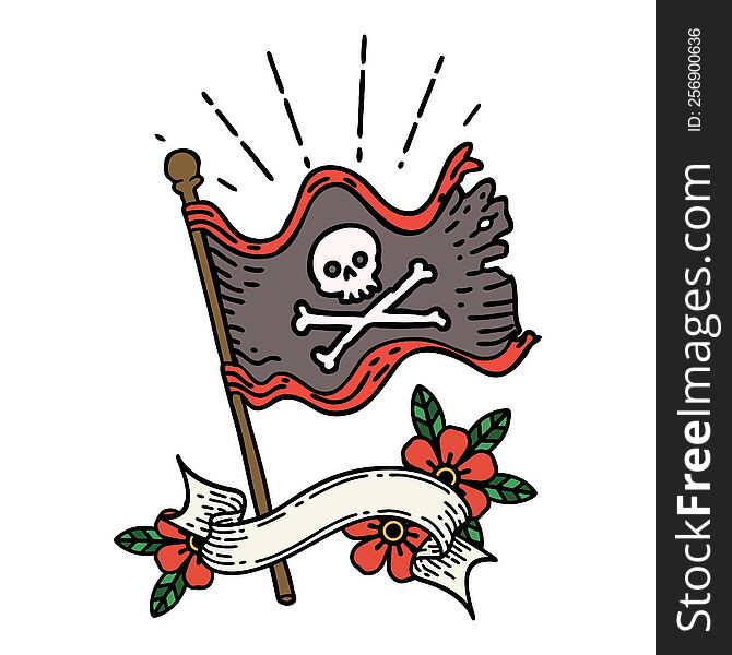 scroll banner with tattoo style waving pirate flag
