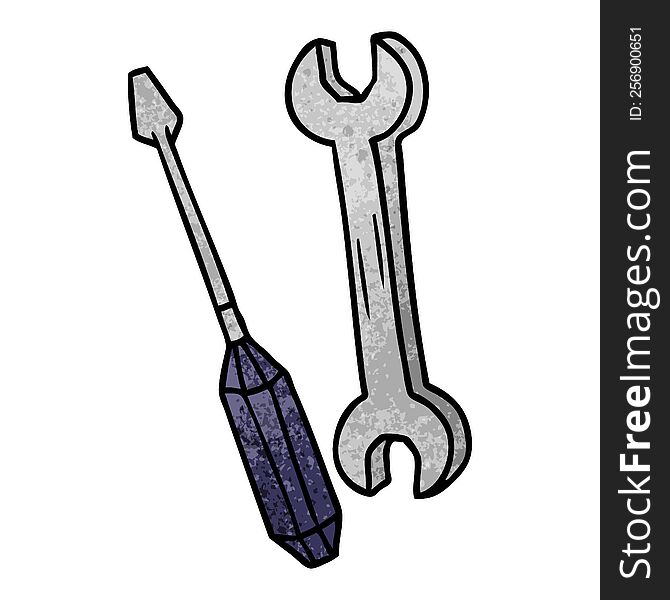 hand drawn textured cartoon doodle of a spanner and a screwdriver