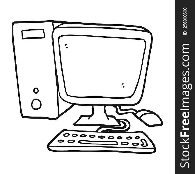 freehand drawn black and white cartoon desktop computer