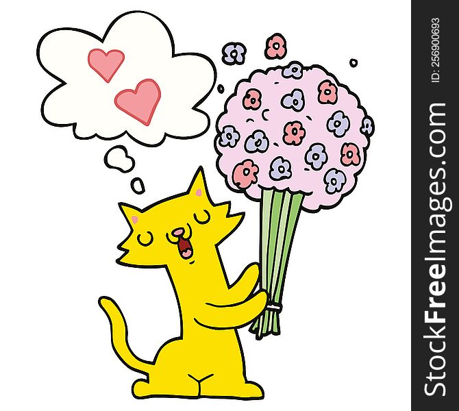 cartoon cat in love with flowers with thought bubble