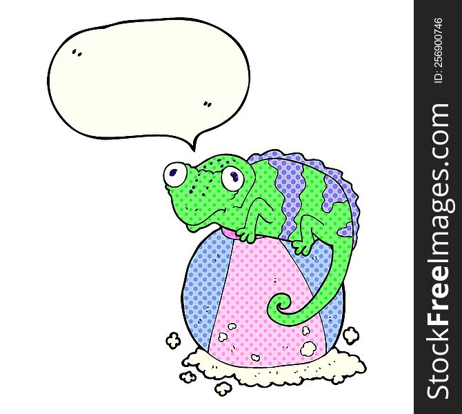 Comic Book Speech Bubble Cartoon Chameleon On Ball