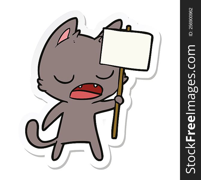 sticker of a talking cat cartoon with placard