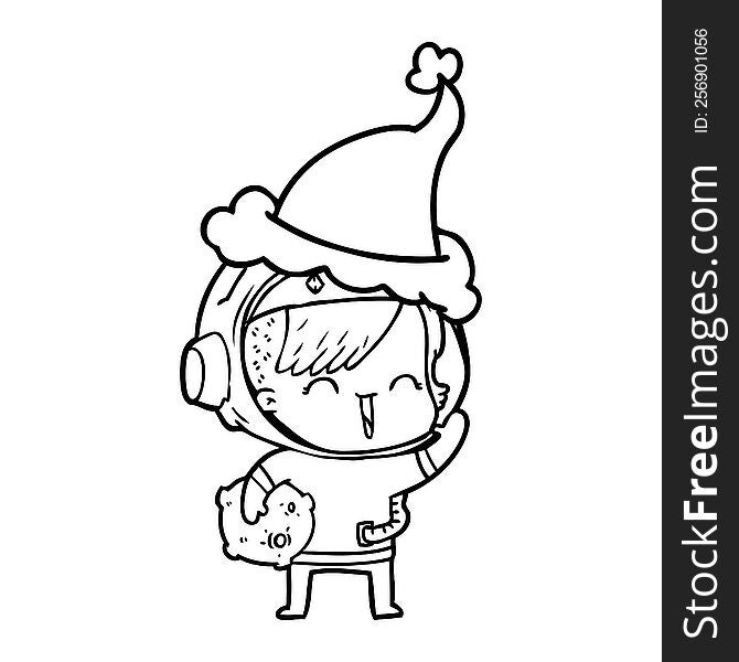 line drawing of a happy spacegirl holding moon rock wearing santa hat