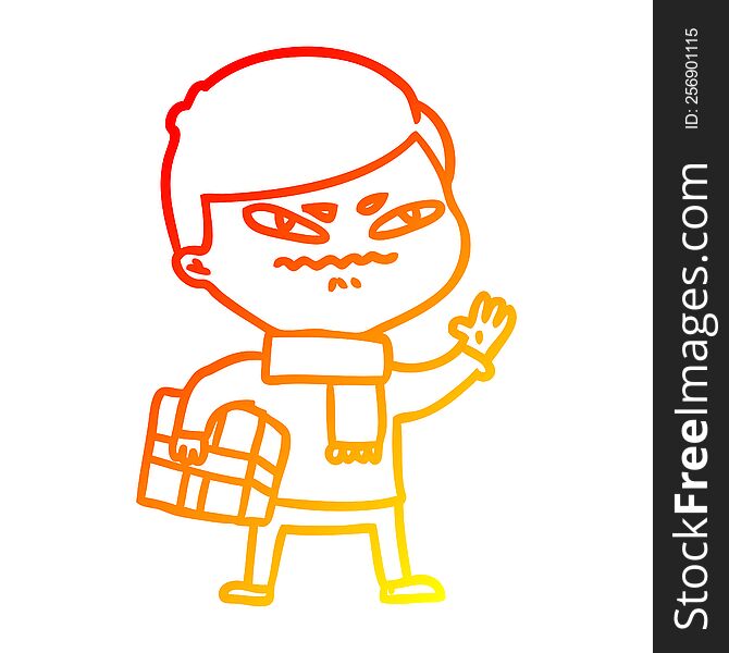 Warm Gradient Line Drawing Cartoon Angry Man Carrying Parcel