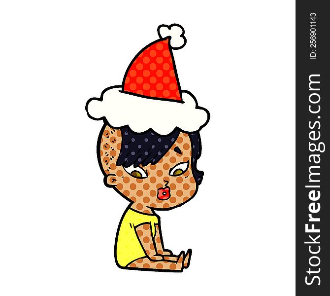 Comic Book Style Illustration Of A Surprised Girl Wearing Santa Hat