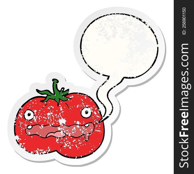 Cartoon Tomato And Speech Bubble Distressed Sticker