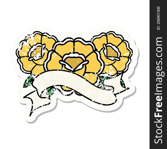 grunge sticker with banner of a bouquet of flowers