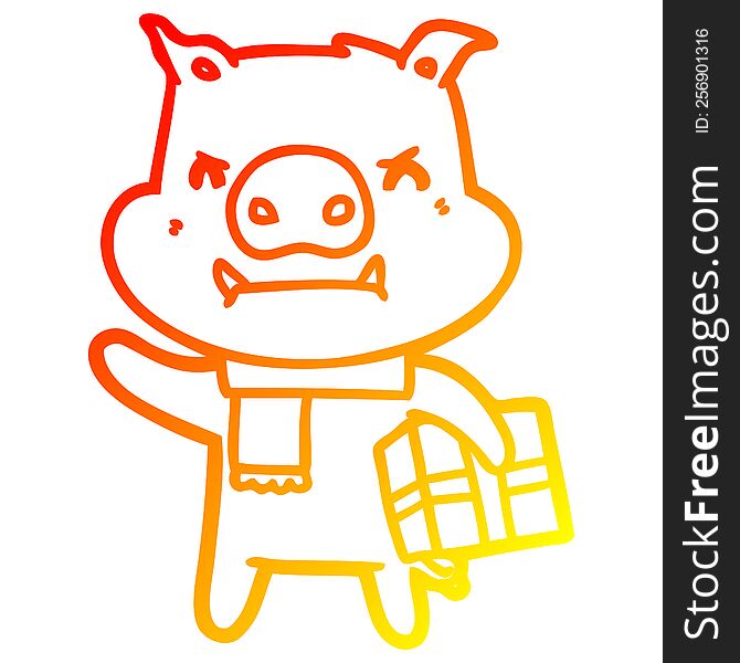 Warm Gradient Line Drawing Angry Cartoon Pig With Christmas Gift