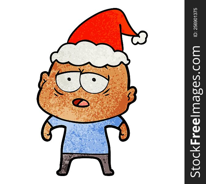 hand drawn textured cartoon of a tired bald man wearing santa hat