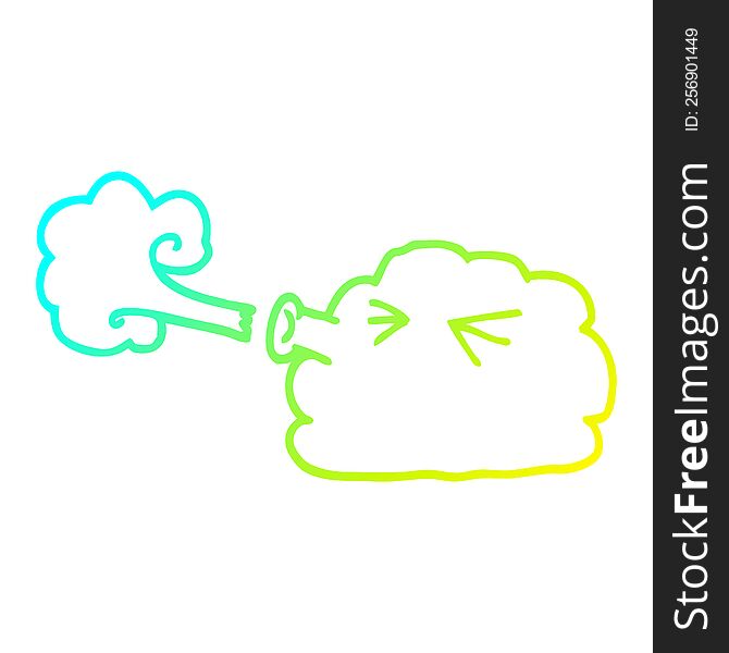 cold gradient line drawing of a cartoon cloud blowing a gale