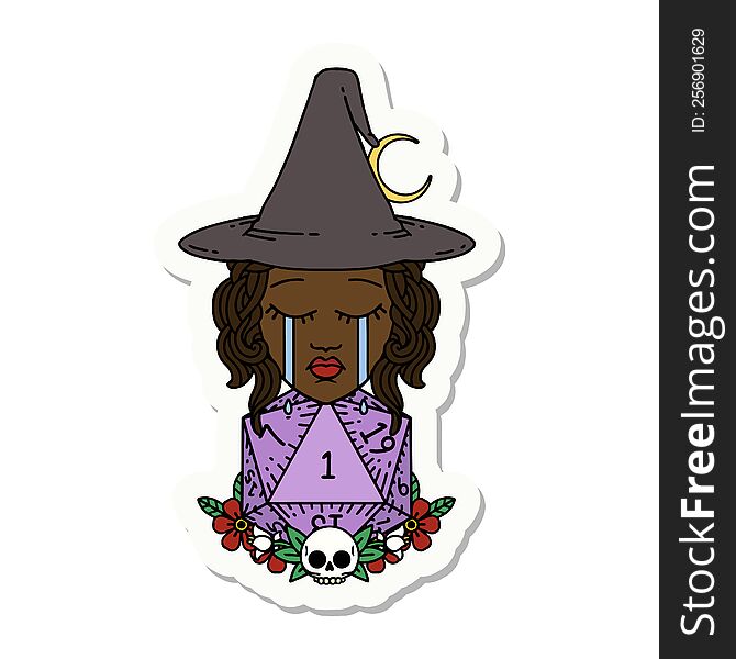 Crying Human Witch With Natural One D20 Dice Roll Sticker