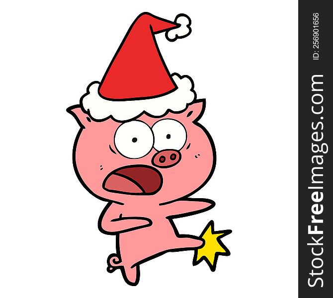 Line Drawing Of A Pig Shouting And Kicking Wearing Santa Hat