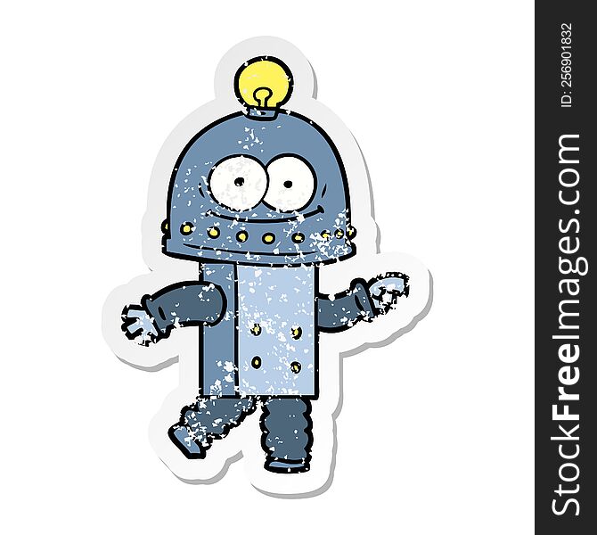 distressed sticker of a happy carton robot with light bulb