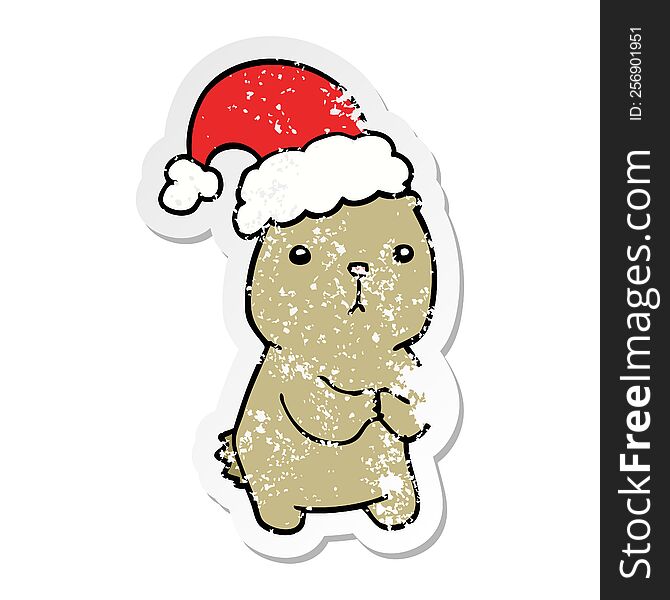 distressed sticker of a cartoon christmas bear worrying