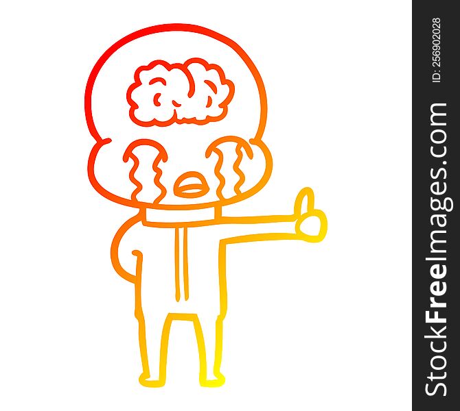 Warm Gradient Line Drawing Cartoon Big Brain Alien Crying But Giving Thumbs Up Symbol