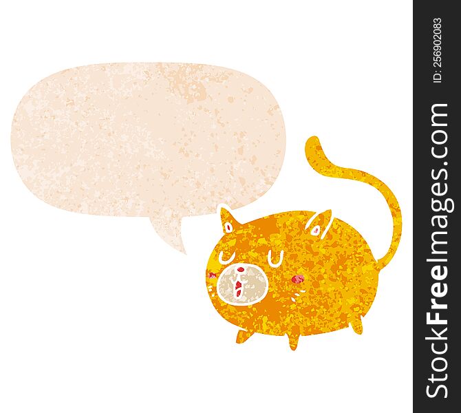 Cartoon Happy Cat And Speech Bubble In Retro Textured Style