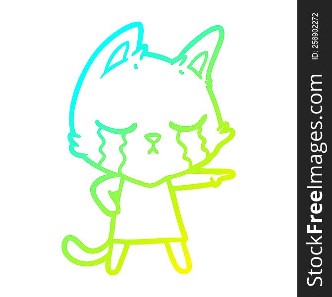 cold gradient line drawing of a crying cartoon cat in dress pointing