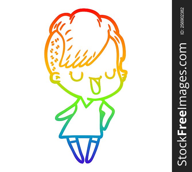 rainbow gradient line drawing of a cute cartoon girl with hipster haircut