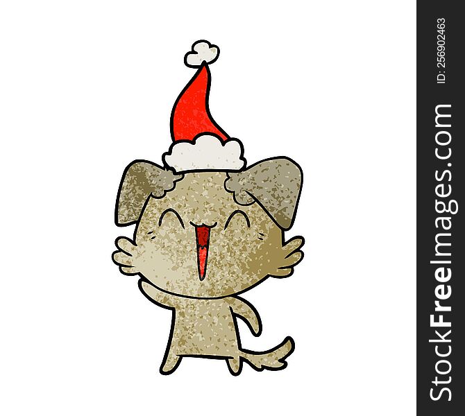 Waving Little Dog Textured Cartoon Of A Wearing Santa Hat