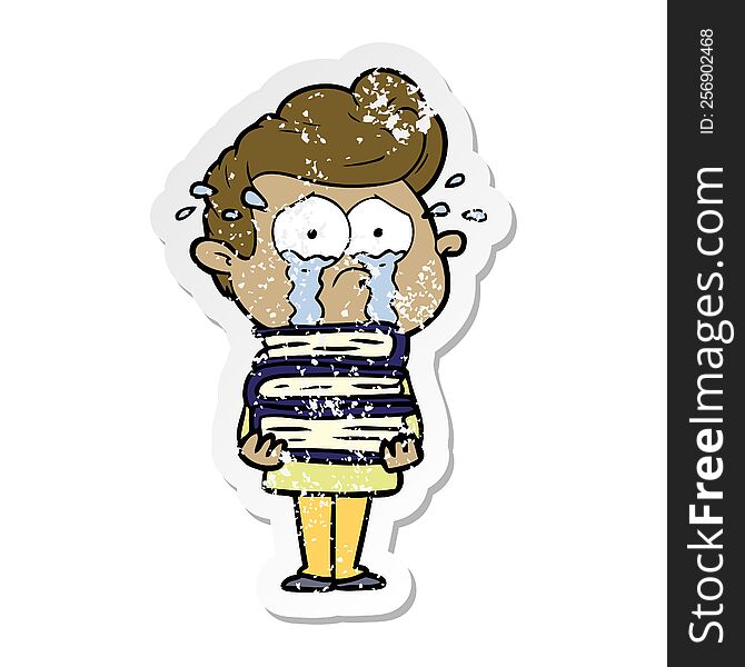 distressed sticker of a cartoon crying student with stack of books