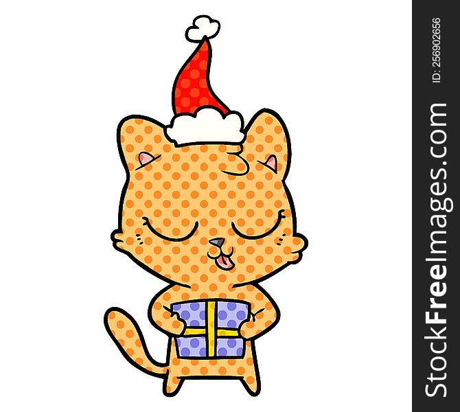 Cute Comic Book Style Illustration Of A Cat Wearing Santa Hat