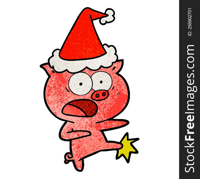 Textured Cartoon Of A Pig Shouting And Kicking Wearing Santa Hat