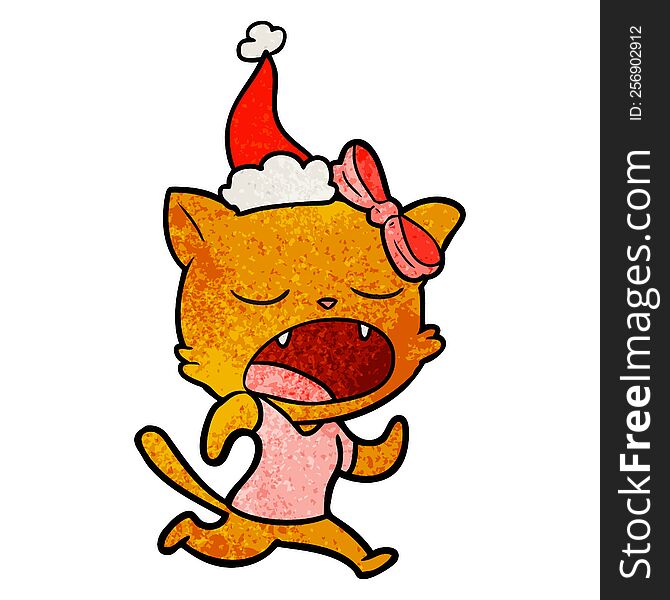 Textured Cartoon Of A Yawning Cat Wearing Santa Hat