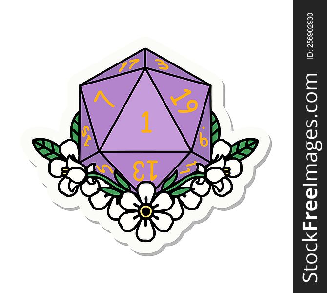 sticker of a natural one dice roll with floral elements. sticker of a natural one dice roll with floral elements