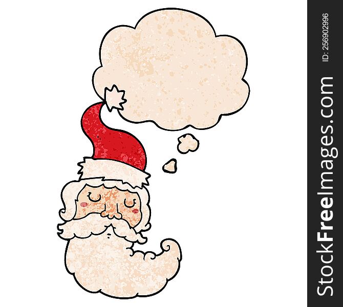 Cartoon Santa Face And Thought Bubble In Grunge Texture Pattern Style