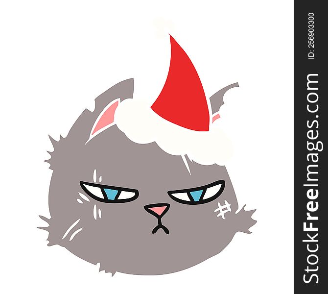 hand drawn flat color illustration of a tough cat face wearing santa hat