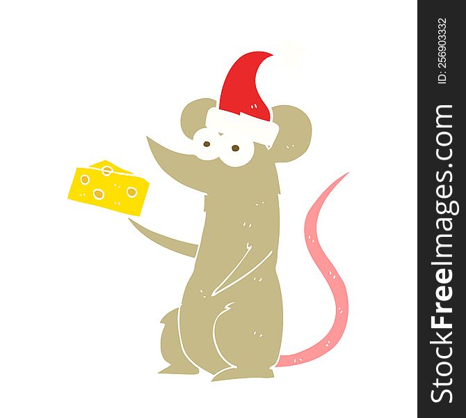 Flat Color Illustration Of A Cartoon Christmas Mouse With Cheese