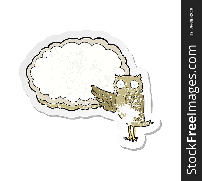 Retro Distressed Sticker Of A Cartoon Owl Pointing