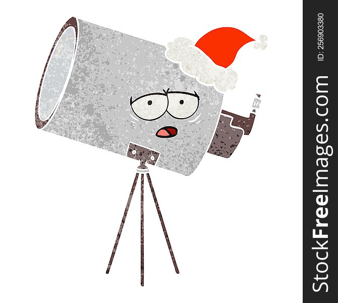 Retro Cartoon Of A Bored Telescope With Face Wearing Santa Hat