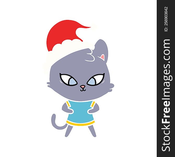 cute hand drawn flat color illustration of a cat wearing santa hat. cute hand drawn flat color illustration of a cat wearing santa hat