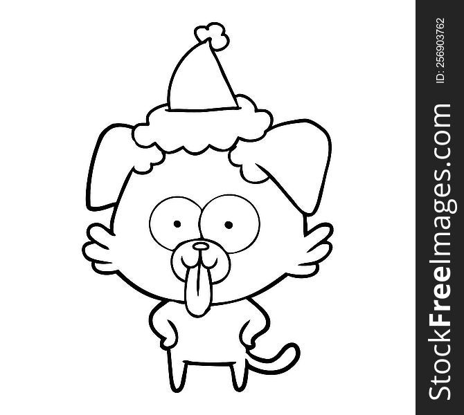 hand drawn line drawing of a dog with tongue sticking out wearing santa hat