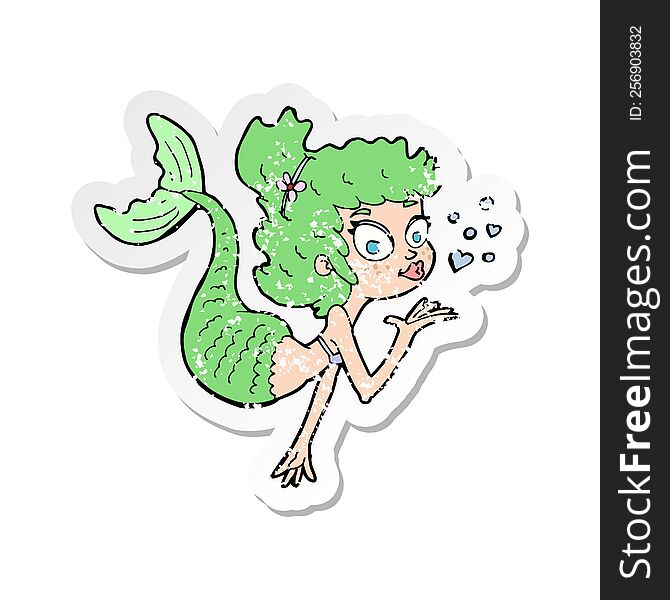 retro distressed sticker of a cartoon pretty mermaid