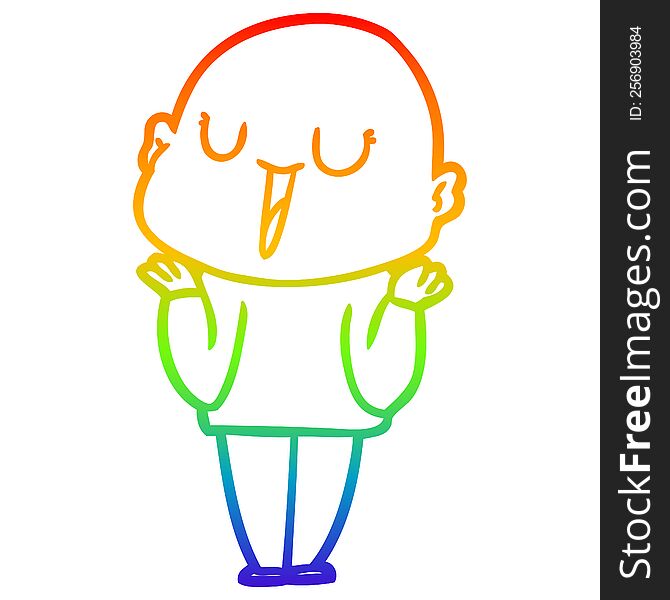 Rainbow Gradient Line Drawing Happy Cartoon Bald Man Shrugging Shoulders