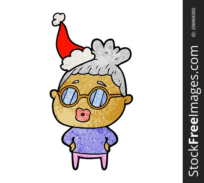 hand drawn textured cartoon of a librarian woman wearing spectacles wearing santa hat